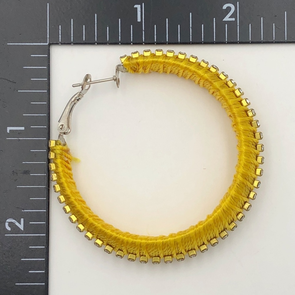 🌼 Yellow Thread Wrapped Rhinestone Hoop Earrings - Picture 2 of 2